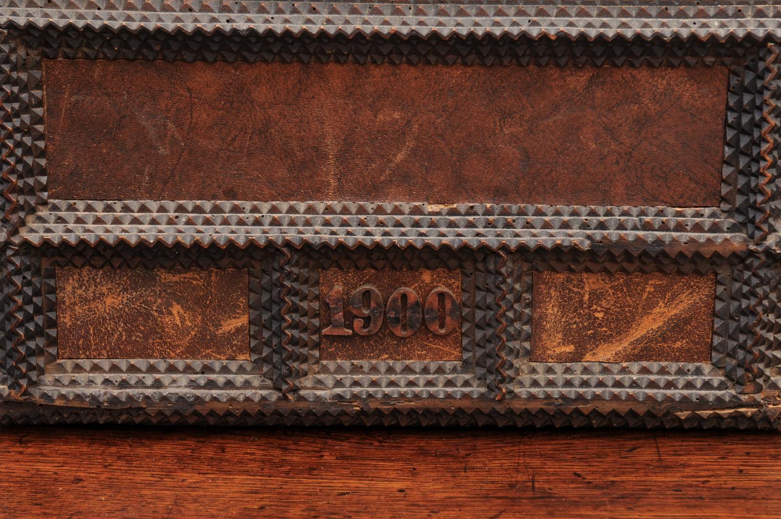 Tramp Art Dresser Box with Leather Panels, Signed ca. 1900 6