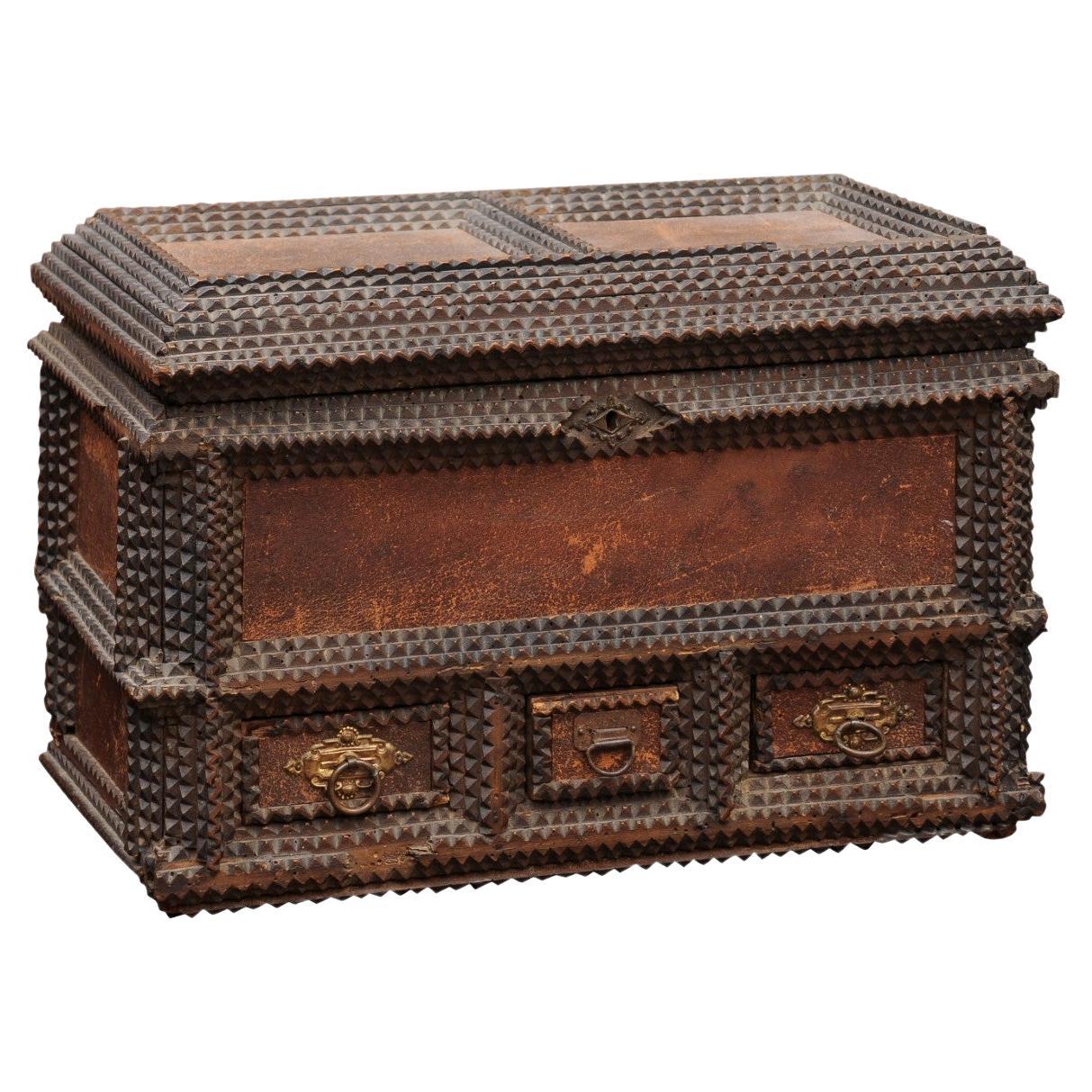 Tramp Art Dresser Box with Leather Panels, Signed ca. 1900 For Sale
