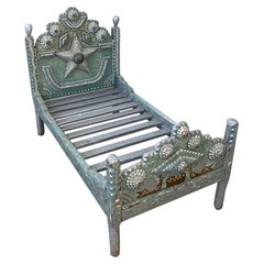 Tramp Art Folk Art Dog or Doll's Bed With Silver And Blue Paint