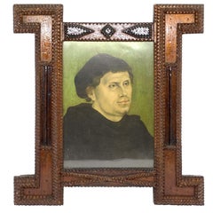 Tramp Art Frame Late 19th Century with Print of Martin Luther Antique, German