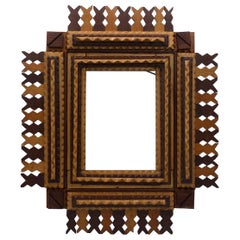 Tramp Art Frame with a Design of Light and Dark Woods, Pieced Openwork Border