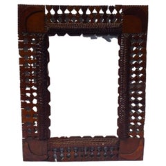 Tramp Art Frame with Moons, Decorated with Detailed Carving, Spears, Notching