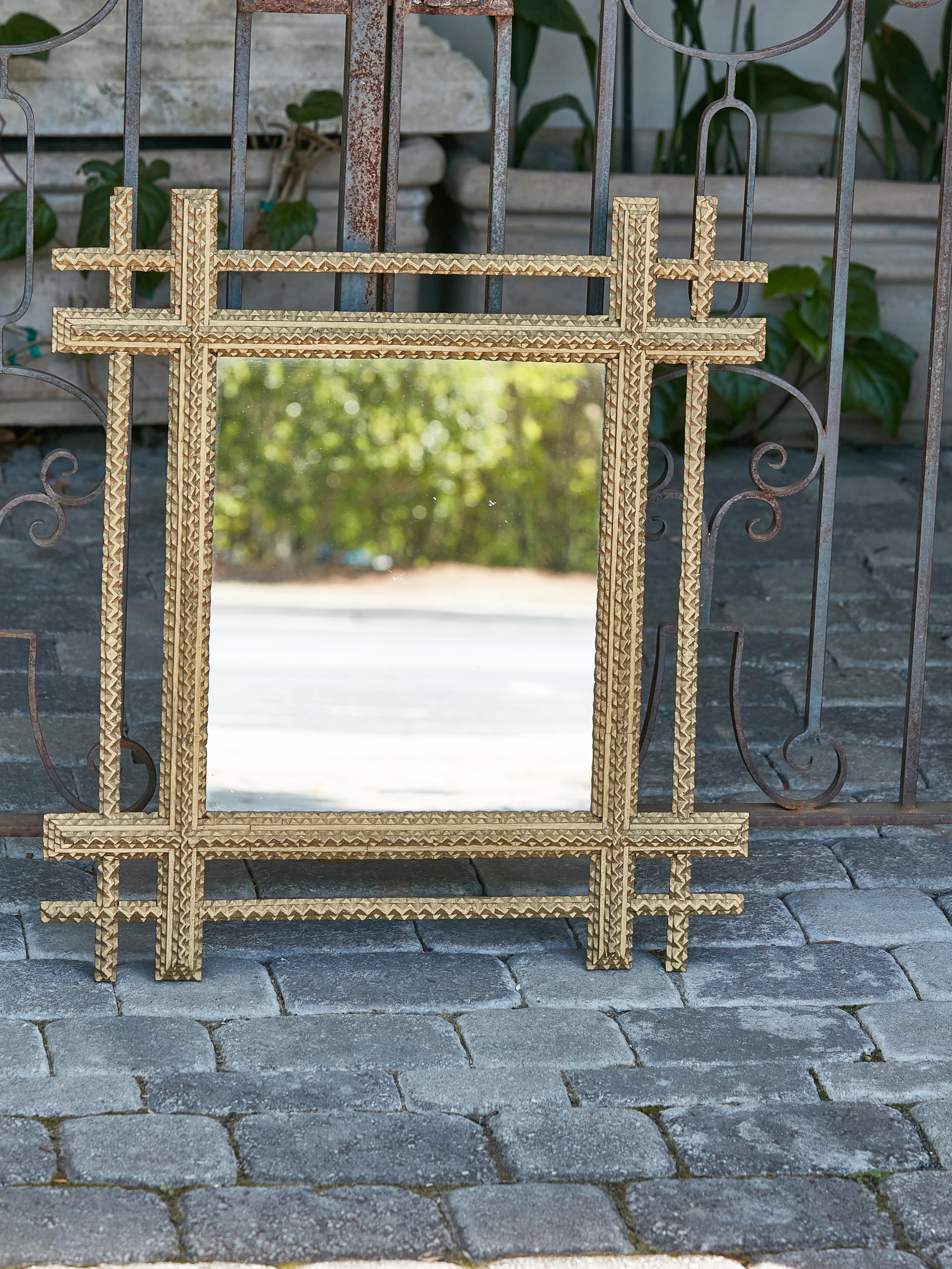 Folk Art Tramp Art Gilded Mirror with Hand-Carved Frame, circa 1920 For Sale