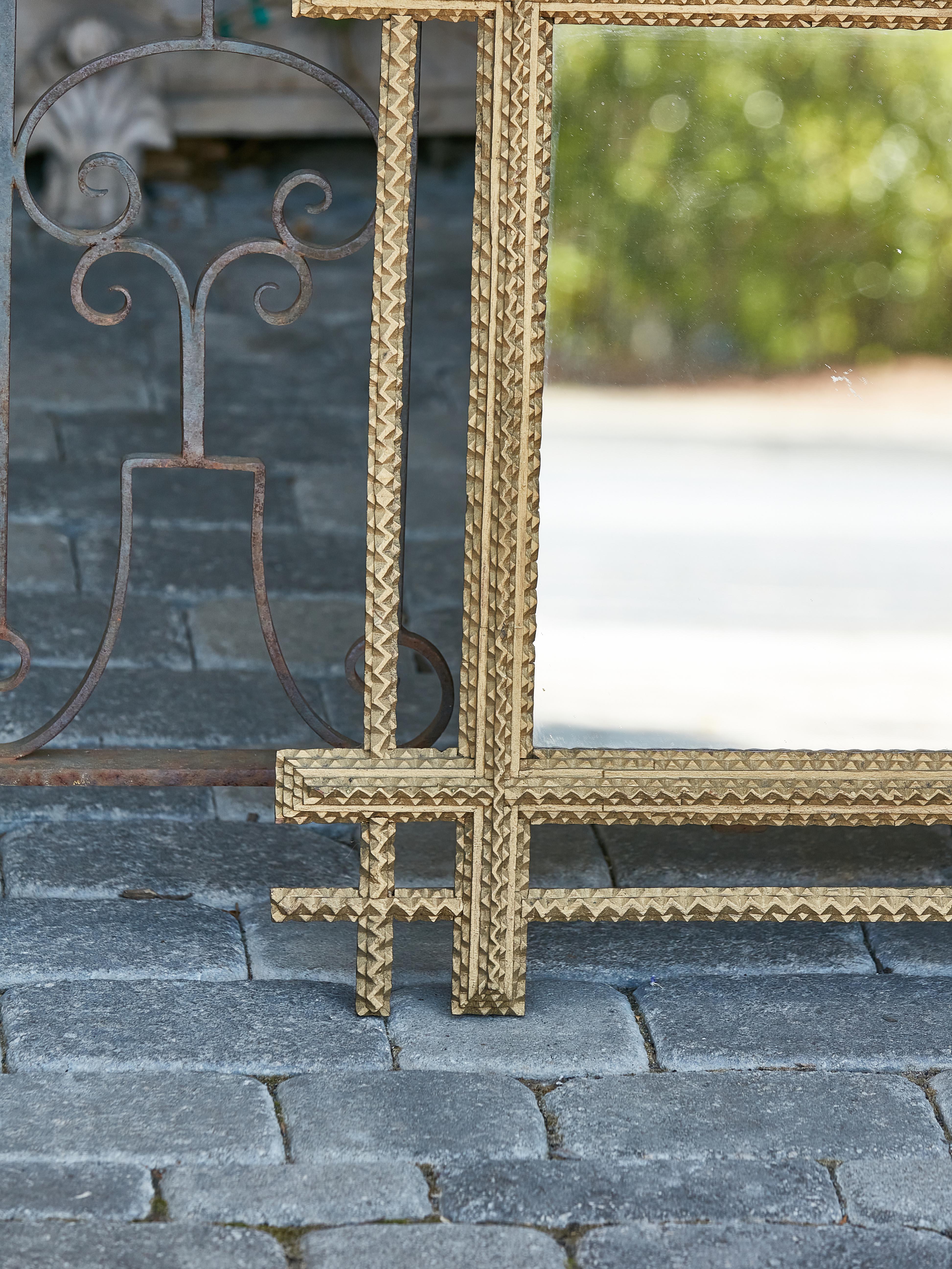 French Tramp Art Gilded Mirror with Hand-Carved Frame, circa 1920 For Sale