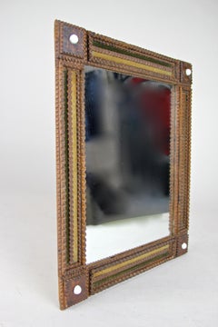 Tramp Art Mirror Basswood with Original Velvet Applications, Austria, circa 1870