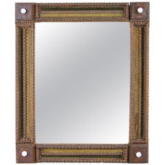 Tramp Art Mirror Basswood with Original Velvet Applications, Austria, circa 1870