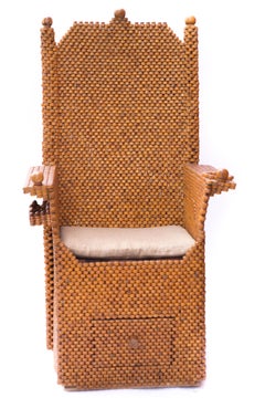 Tramp Art, Outsider Art Midcentury Throne Chair with Footstool