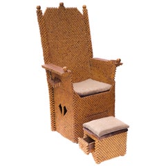 Tramp Art, Outsider Art Midcentury Throne Chair with Footstool