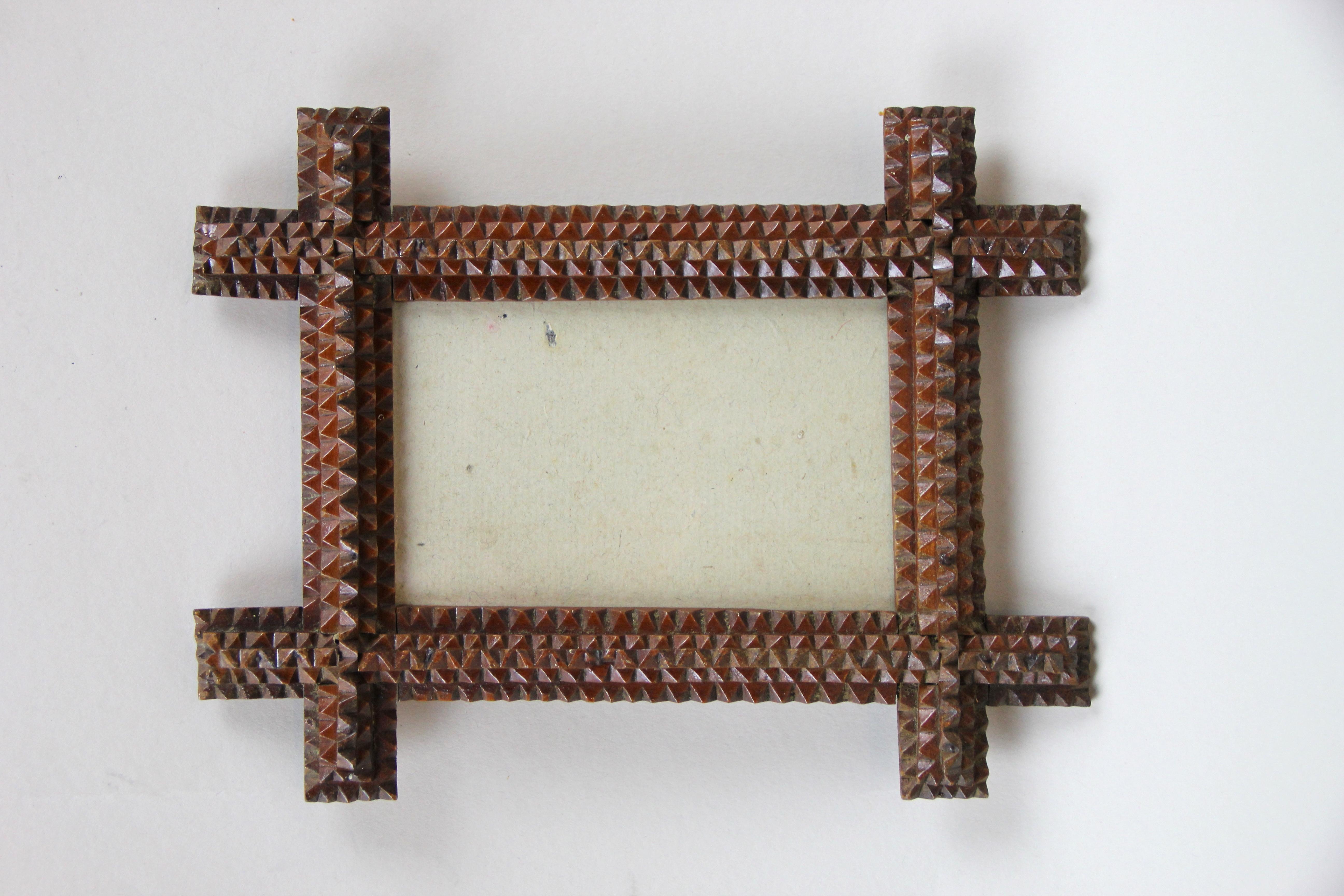 Hand-Carved Tramp Art Photo Frame Bass Wood with Original Glass, Austria, circa 1890