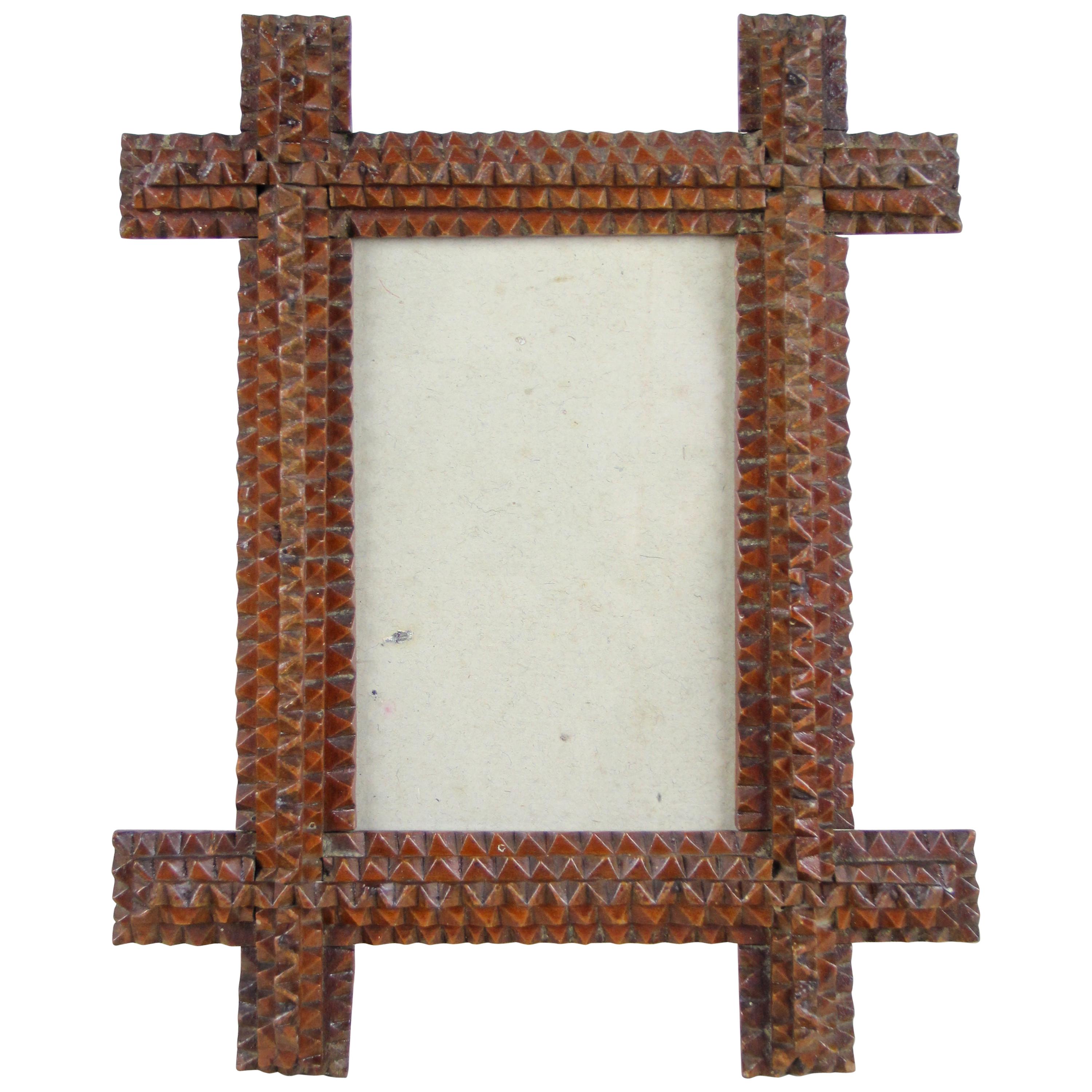 Tramp Art Photo Frame Bass Wood with Original Glass, Austria, circa 1890