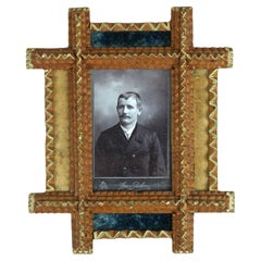 Used Tramp Art Photo Frame With Gilt Elements & Velvet , Austria ca. 1890