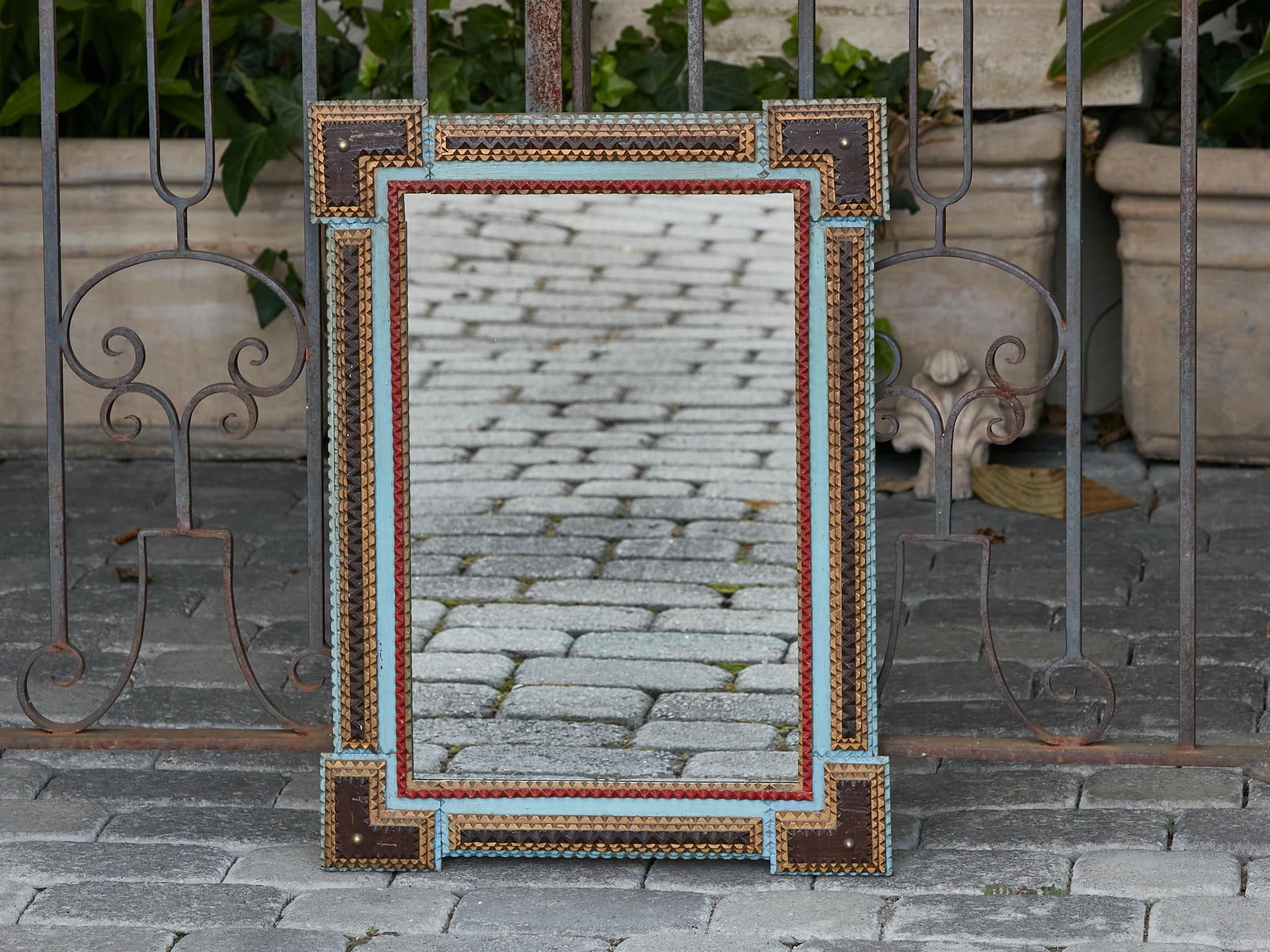 Folk Art Tramp Art Polychrome French Hand-Carved Mirror with Protruding Corners, 1900s