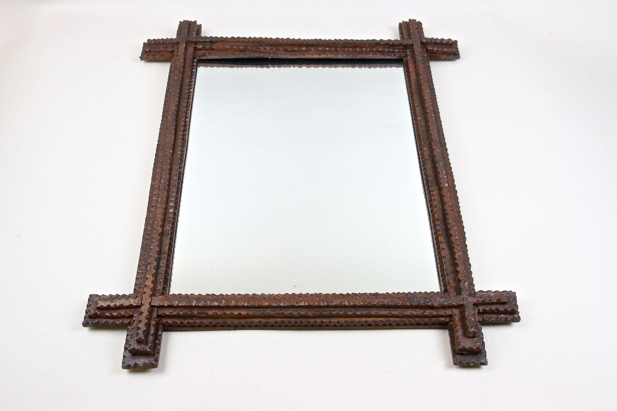 Tramp Art Rustic Wall Mirror, Basswood Handcarved, Austria, circa 1860 For Sale 4