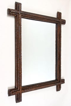 Tramp Art Rustic Wall Mirror, Basswood Handcarved, Austria, circa 1860