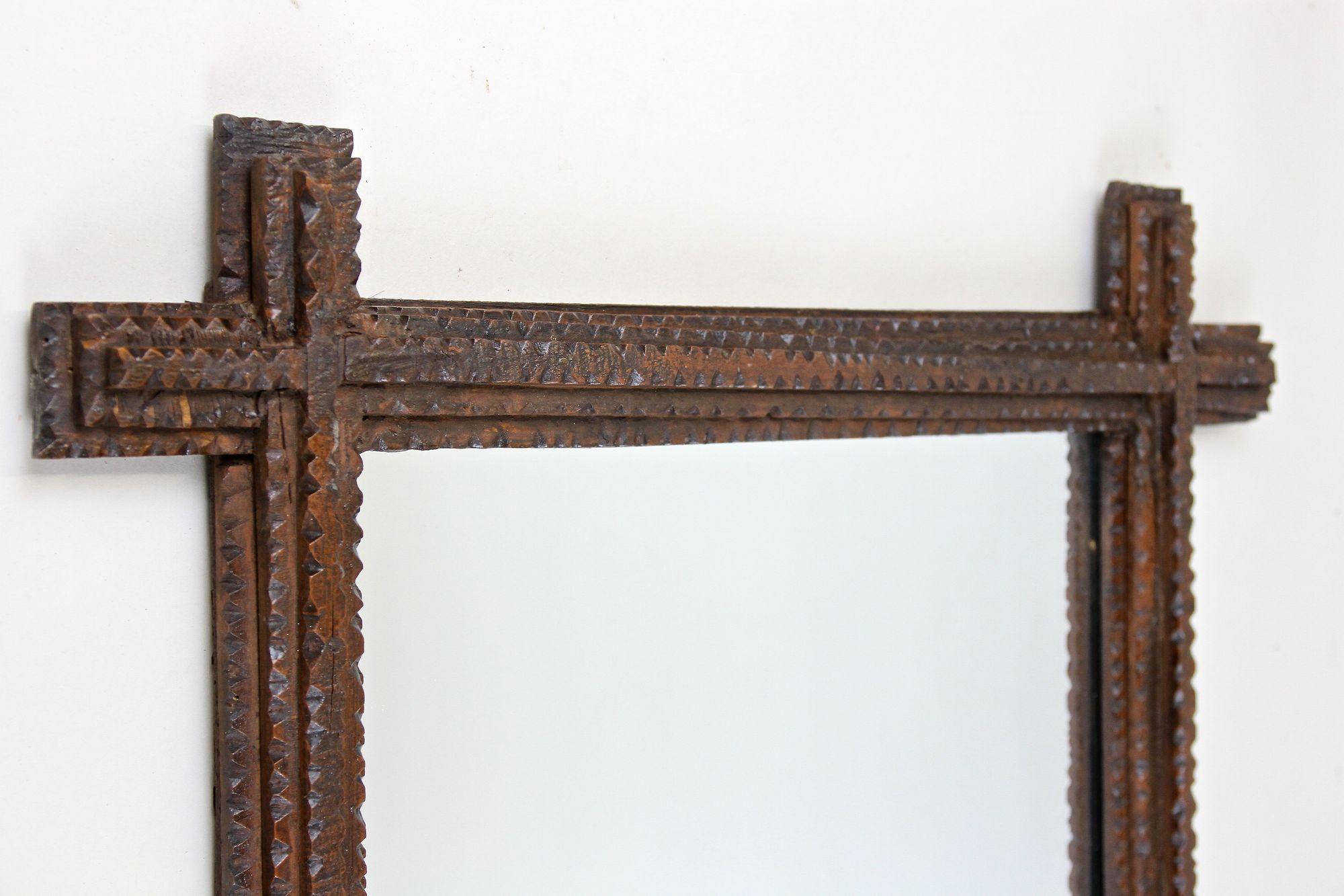Hand-Crafted Tramp Art Rustic Wall Mirror, Basswood Handcarved, Austria, circa 1860 For Sale