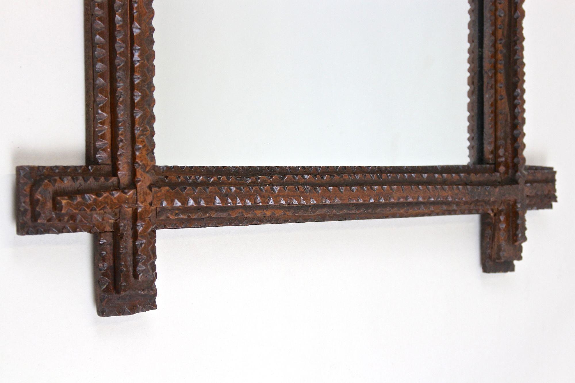 Tramp Art Rustic Wall Mirror, Basswood Handcarved, Austria, circa 1860 For Sale 1