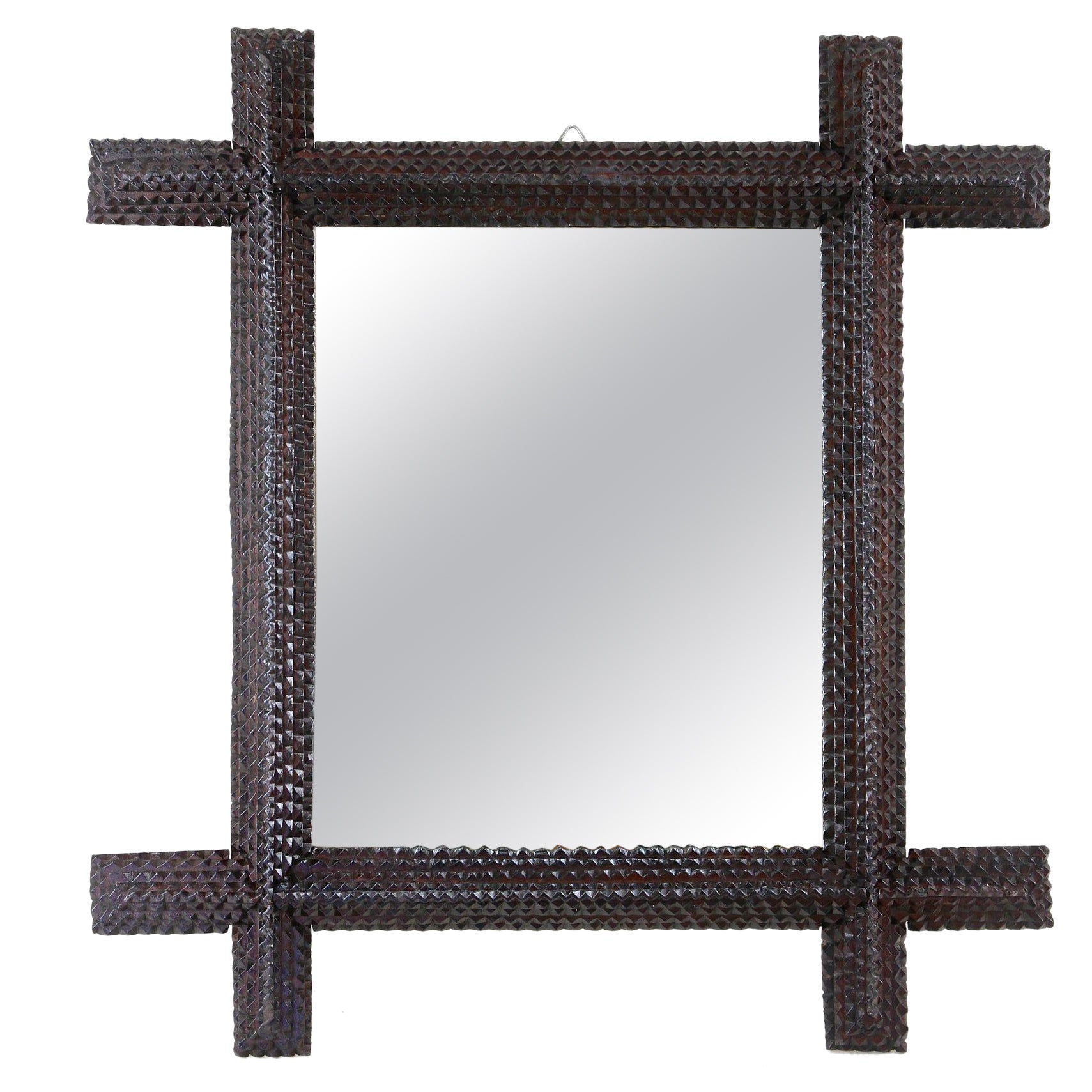 Specchio da parete rustico Tramp Art, intagliato a mano, Austria circa 1880