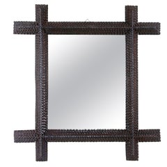 Specchio da parete rustico Tramp Art, intagliato a mano, Austria circa 1880