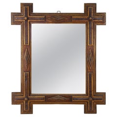 Antique Tramp Art Rustic Wall Mirror Handcarved, Austria circa 1890