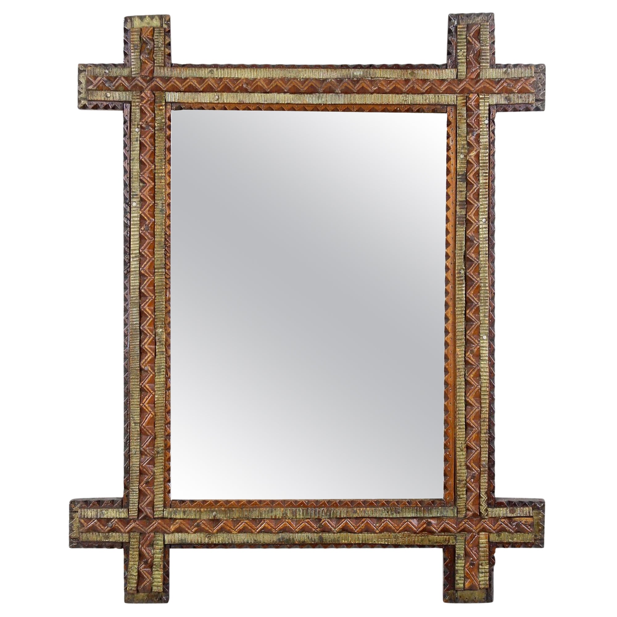 Tramp Art Rustic Wall Mirror, Tricolored, Austria circa 1870