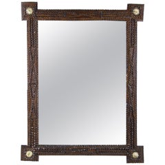 Antique Tramp Art Rustic Wall Mirror with Brass Flowers, Austria, circa 1880