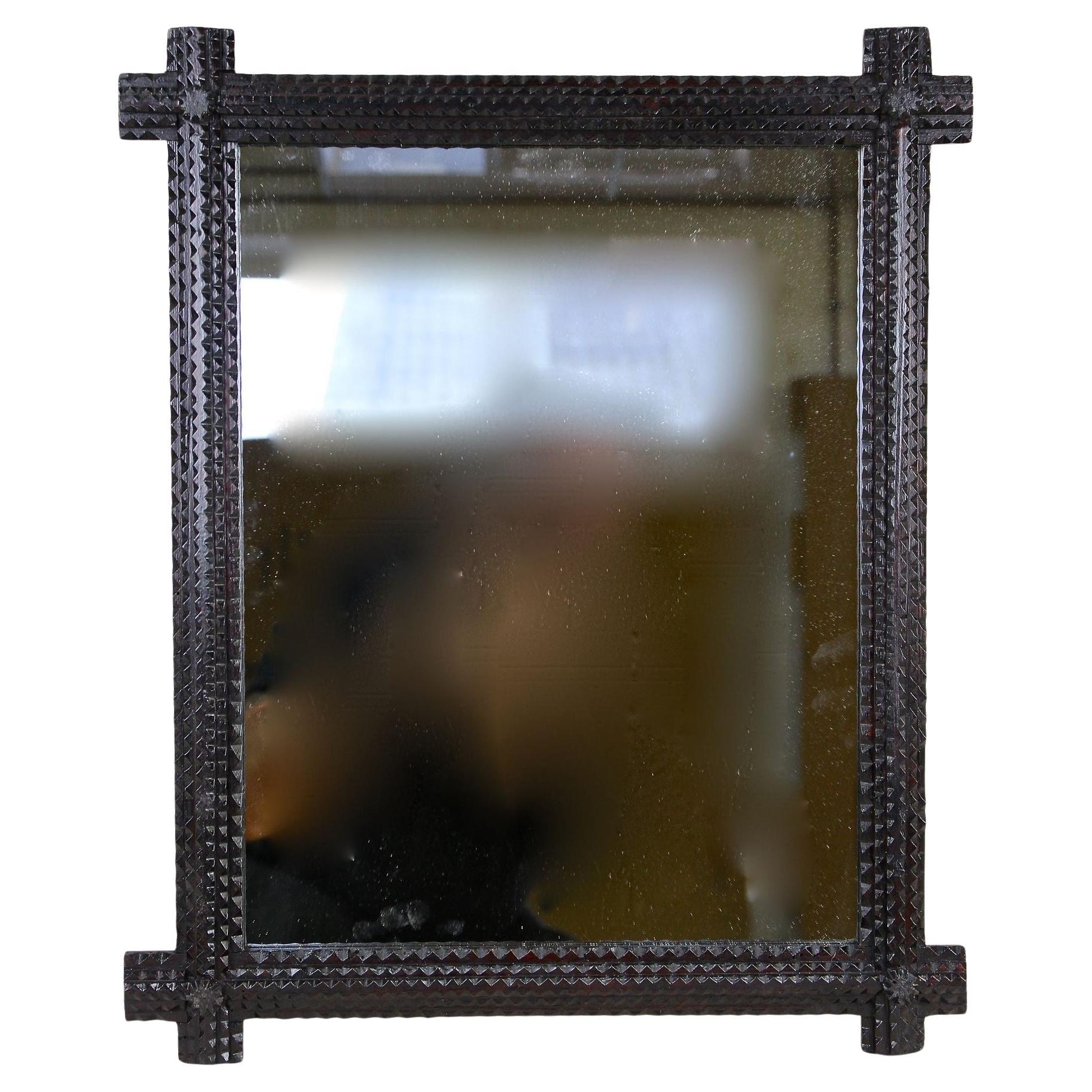 Tramp Art Rustic Wall Mirror With Protruding Corners, Austria ca. 1880 For Sale