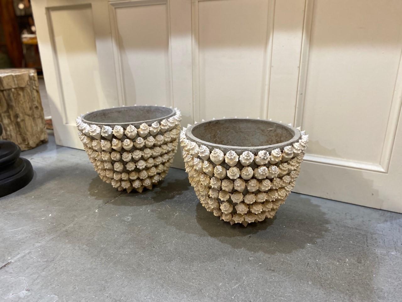 Tramp Art Shell Embedded Planters 'Pair' Midcentury In Good Condition In San Diego, CA