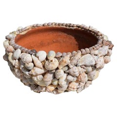 Tramp Art Shell Encrusted Planter or Bowl Midcentury Folk Art