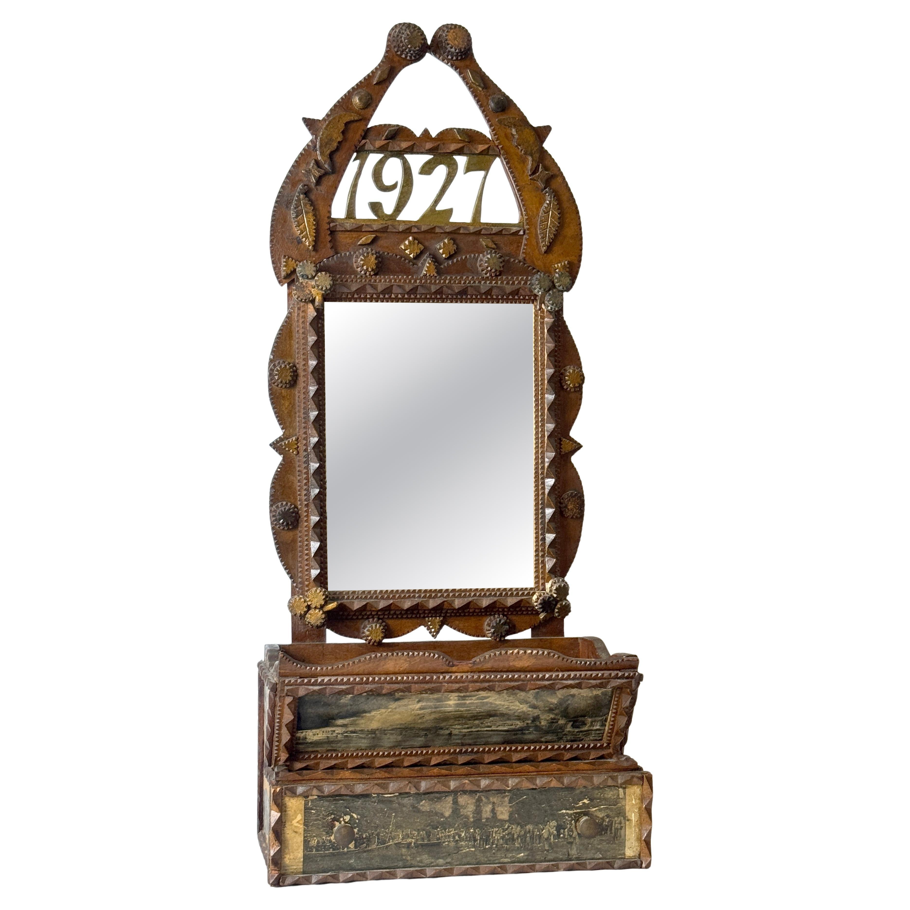 Tramp Art Tabletop Vanity Mirror with Drawer, Early 20th Century