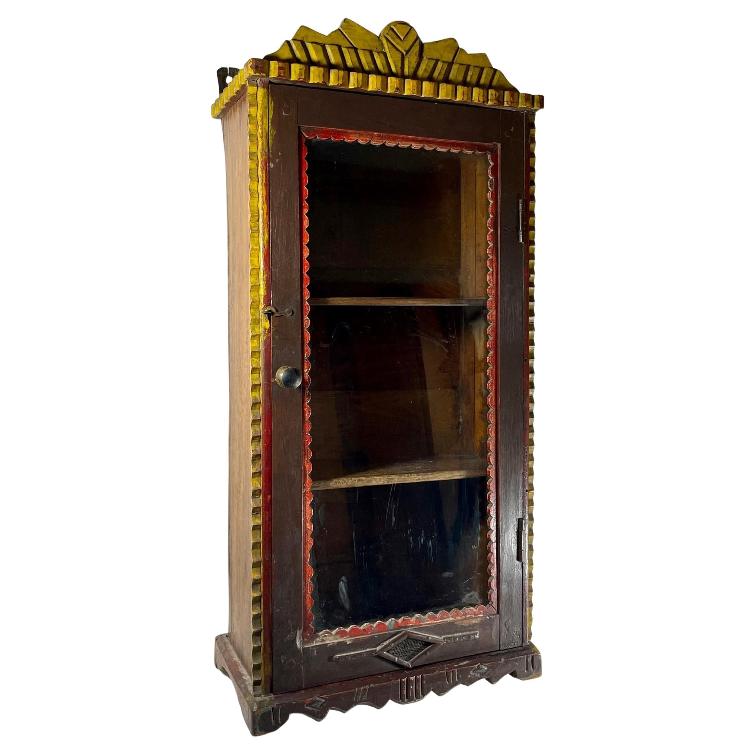 Tramp Art Wall Hanging Cabinet Hand Carved and Painted ca 1880