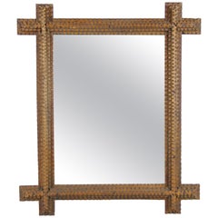 Tramp Art Wall Mirror Bass Wood Hand Carved, Austria, circa 1880