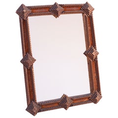 Tramp Art Wall Mirror, Folk Art French Hand-Carved Wooden Mirror - 1900