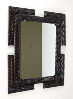 Tramp Art Wall Mirror Rustic Style, Notch Cut Carvings, Austria, circa 1870