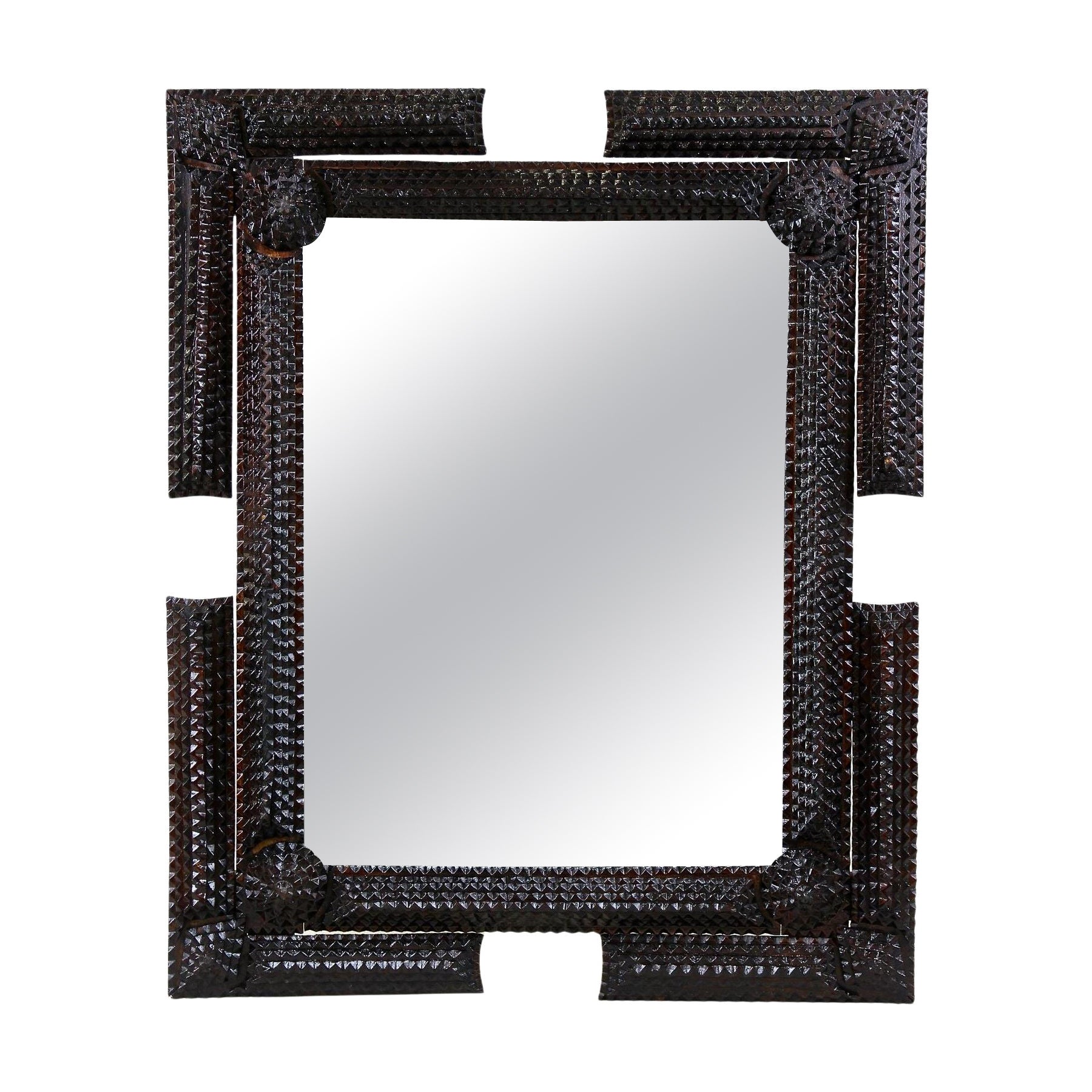 Tramp Art Wall Mirror Rustic Style, Notch Cut Carvings, Austria, circa 1870