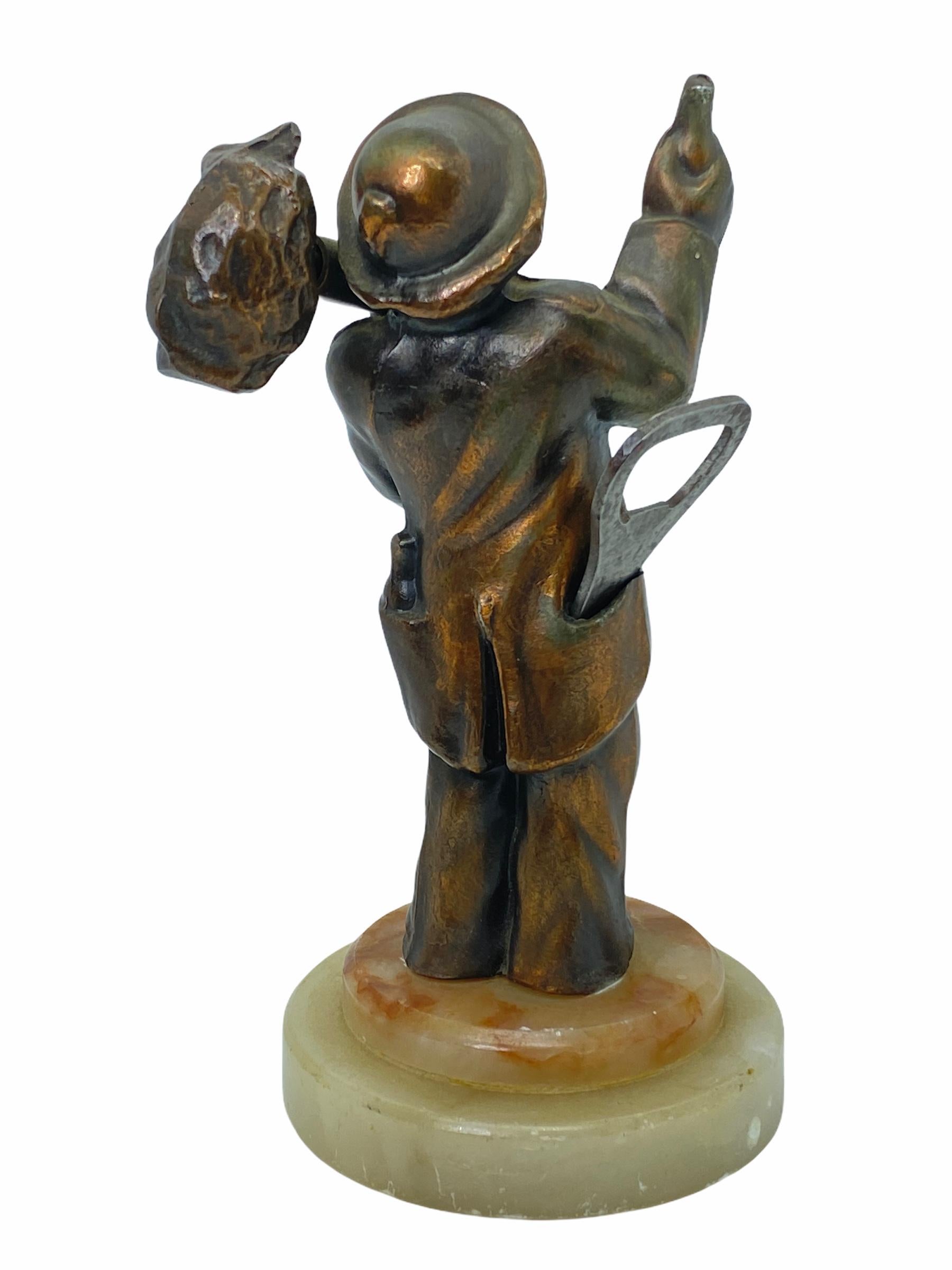 Mid-Century Modern Tramp Figurine Statue on Marble Base Corkscrew Bottle Opener, Vintage, 1960s
