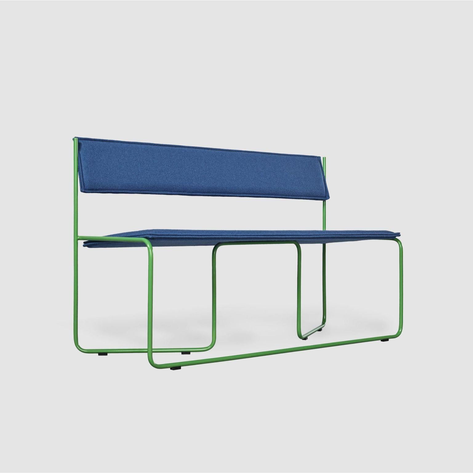 Trampolín bench - Blue by Cuatro Cuatros
Dimensions: W135, D49, H83, Seat 44
Materials: Chrome plated or painted iron structure
Foam CMHR (high resilience and flame retardant) for all our cushion filling systems
Removable backrest and seat