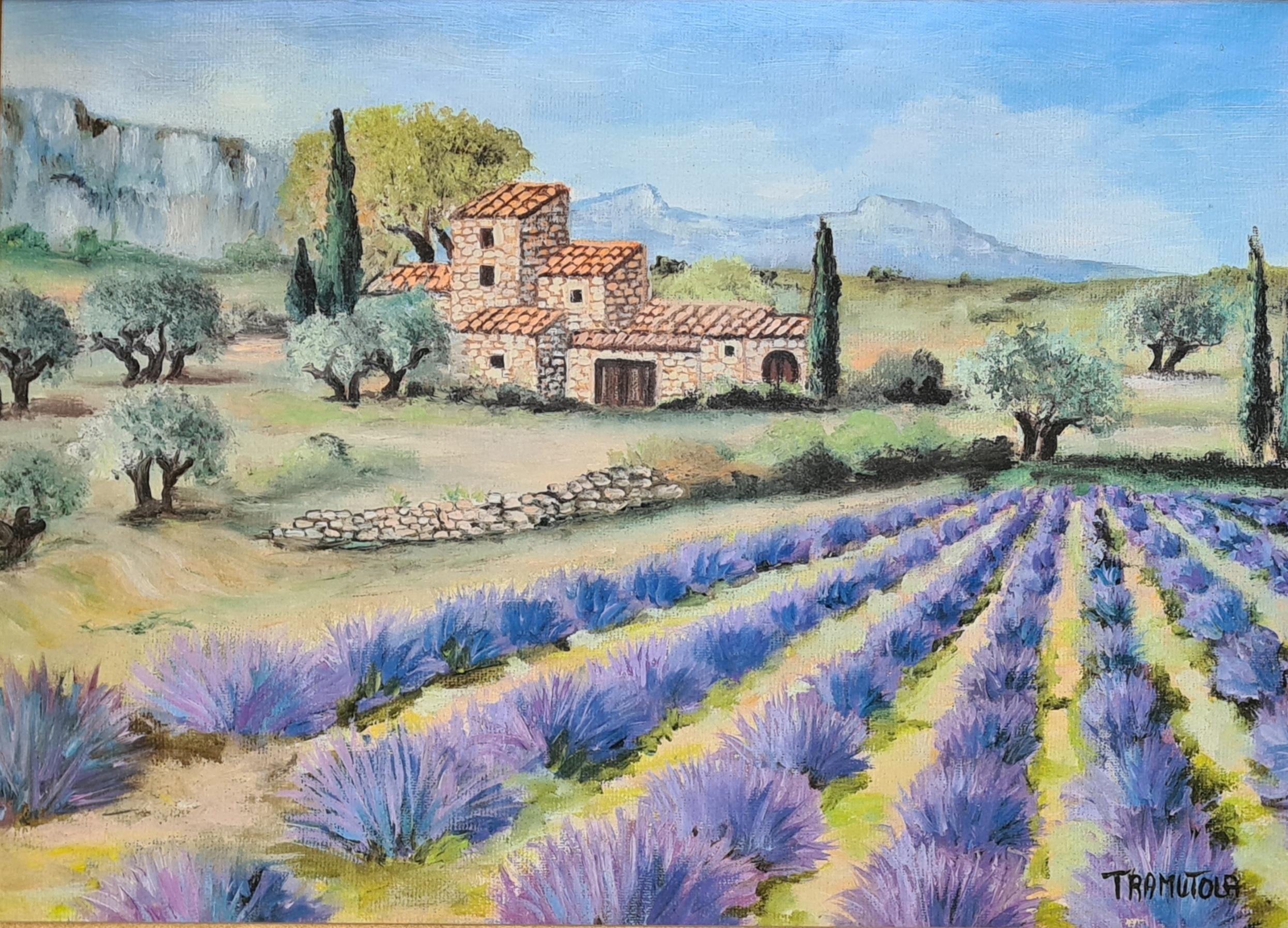 French Impressionist Landscape Lavender Fields and Le Mont Sainte-Victoire - Painting by Tramutola