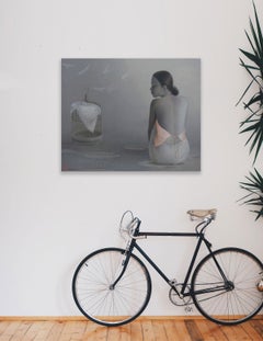 'Flying Doves',  Monochromatic Grey and Pinks Oil Painting, Female Figures