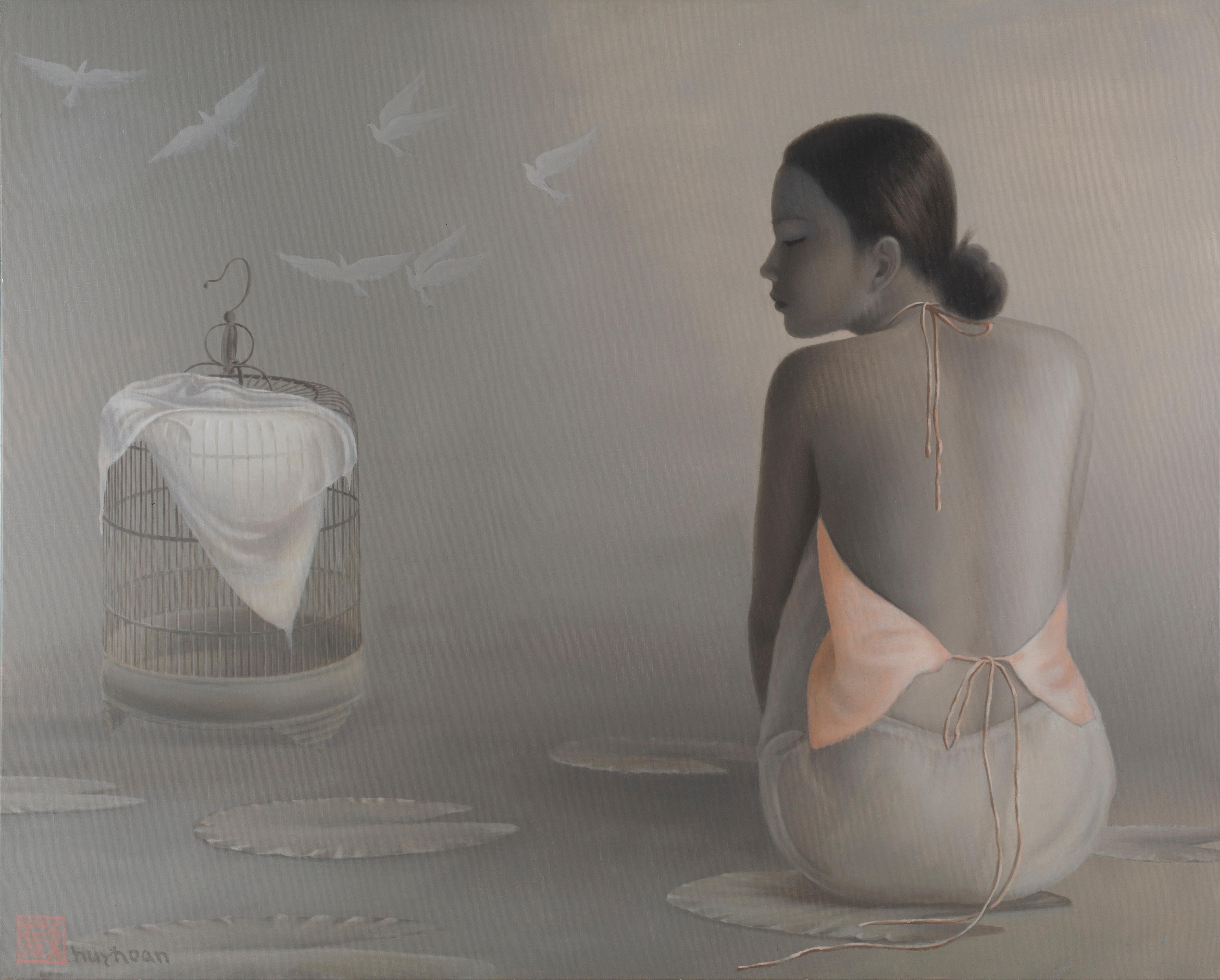 Tran Huy Hoan Figurative Painting – Fliegende Tauben",  Monochromes Grau- und Rosafarbenes Ölgemälde, weibliche Figuren