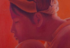 'Interwined', Red Monochromatic Oil Painting, Female Figure