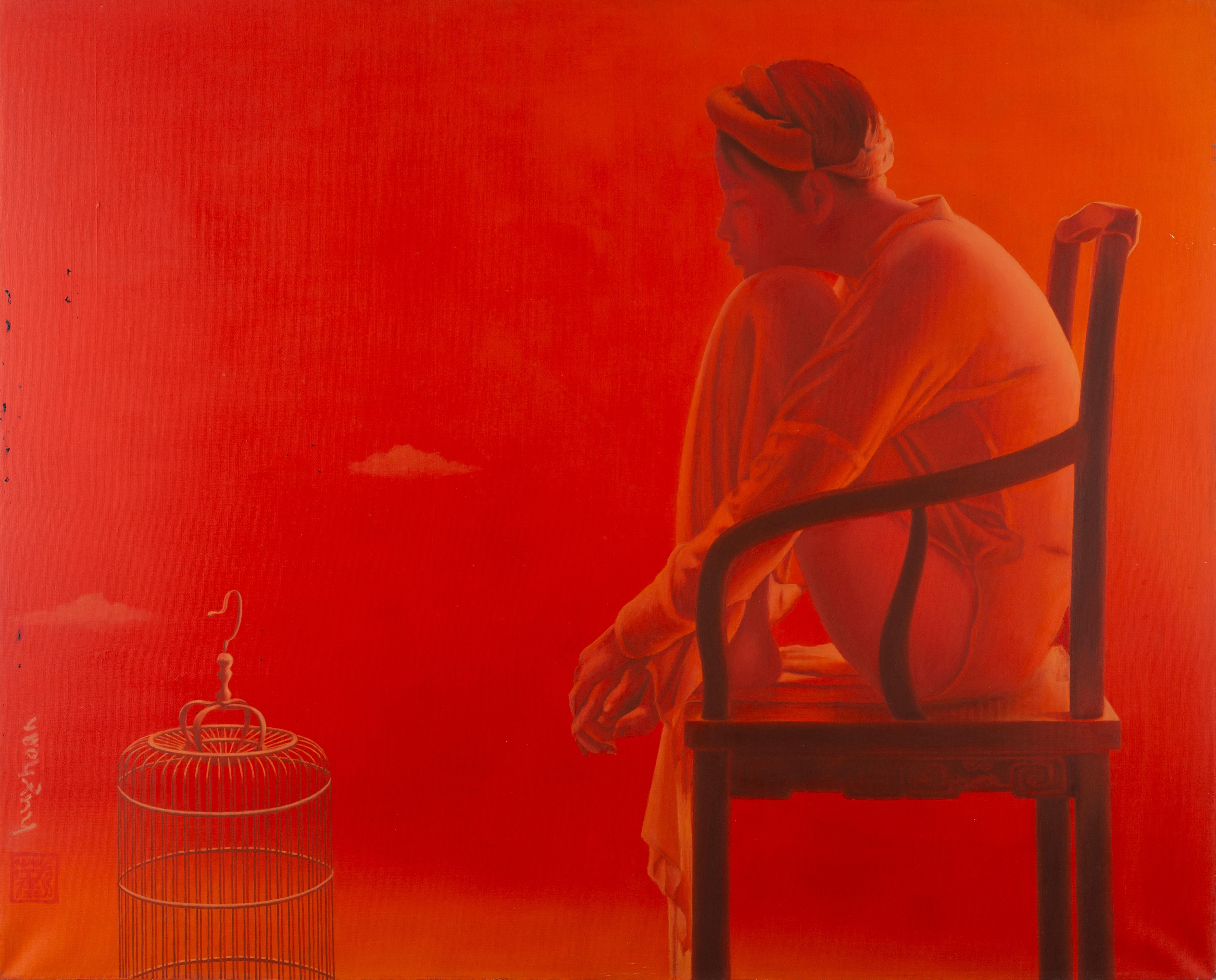 Tran Huy Hoan Nude Painting – „Ineinander verschlungen“, rotes monochromes Ölgemälde, weibliche Figur