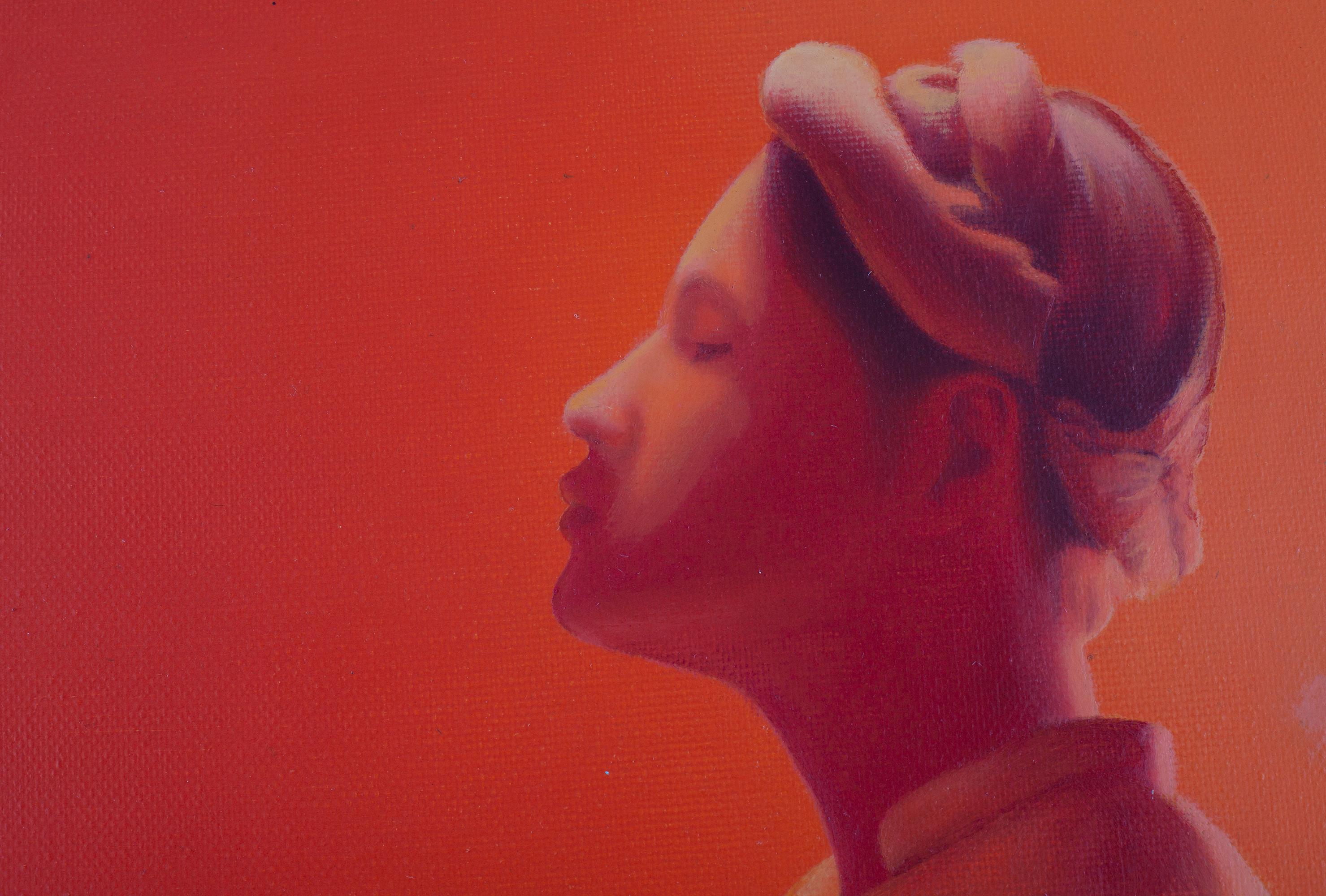 Pittura monocromatica rossa 'Peaceful Dove', figura femminile - Nude Painting Rosso di Tran Huy Hoan