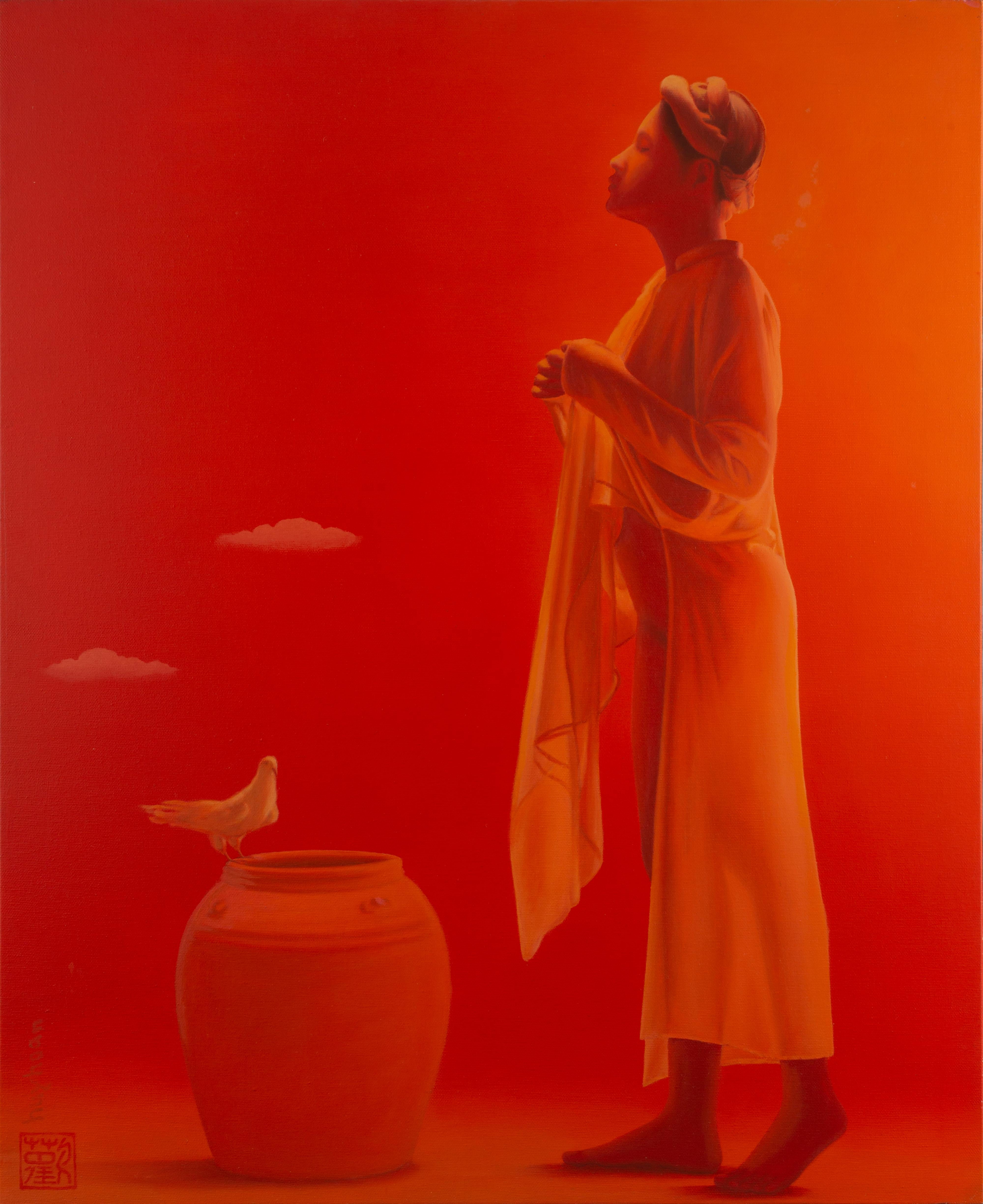 Pittura monocromatica rossa 'Peaceful Dove', figura femminile in vendita 1