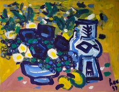 'A Still Life with Flowers and Fruits'  Slightly Abstracted Painting of Flowers
