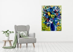 Still Life with Flowers, Tran Luu Hau Large Vertical Oil on Canvas Painting