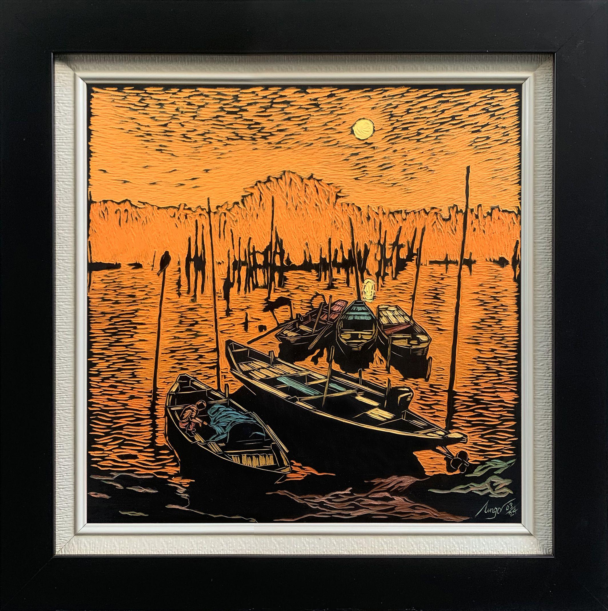 Muelle iluminado por la luna, Pintura, Óleo sobre panel de madera - Painting Realista de TRAN NGA