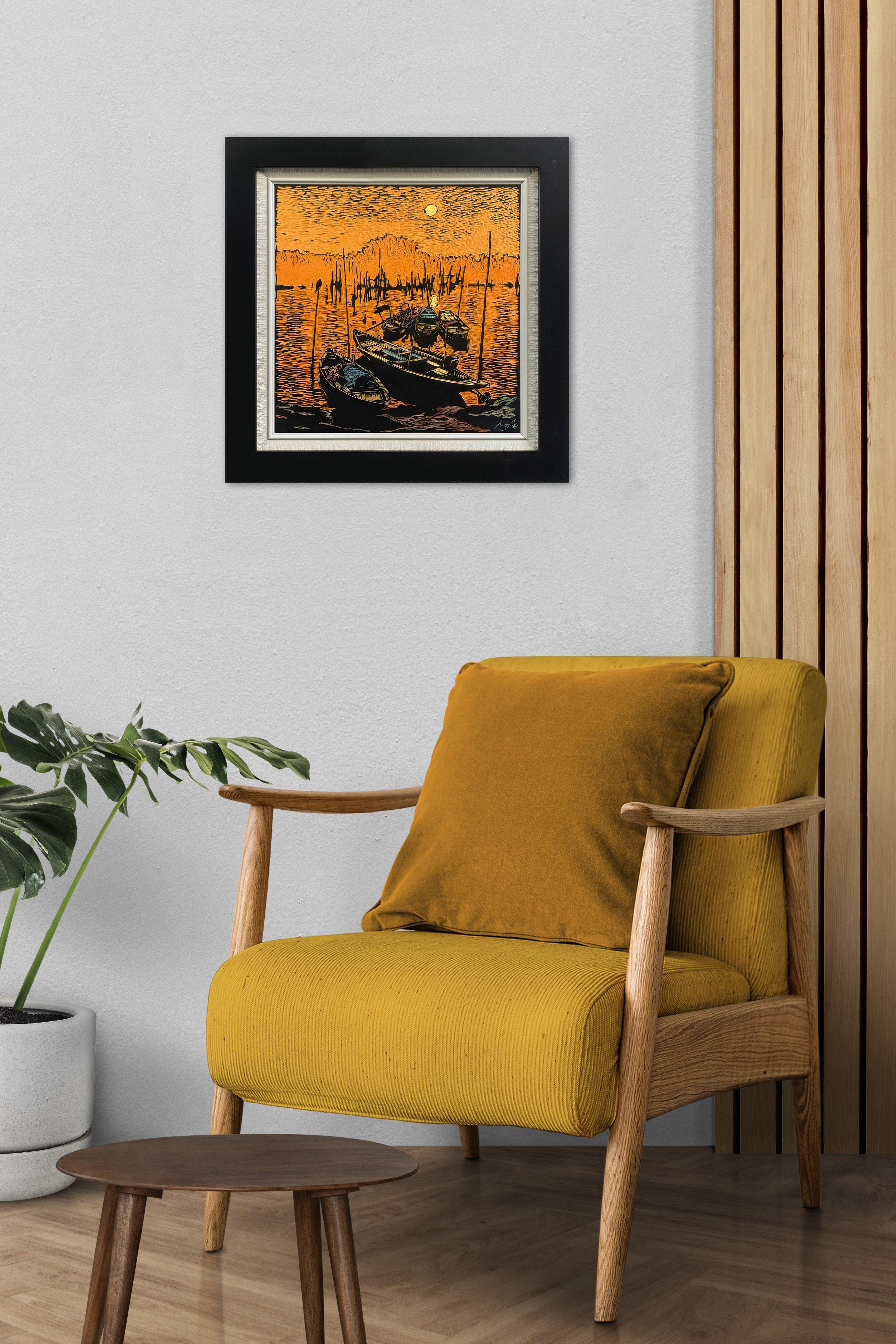 Muelle iluminado por la luna, Pintura, Óleo sobre panel de madera en venta 1