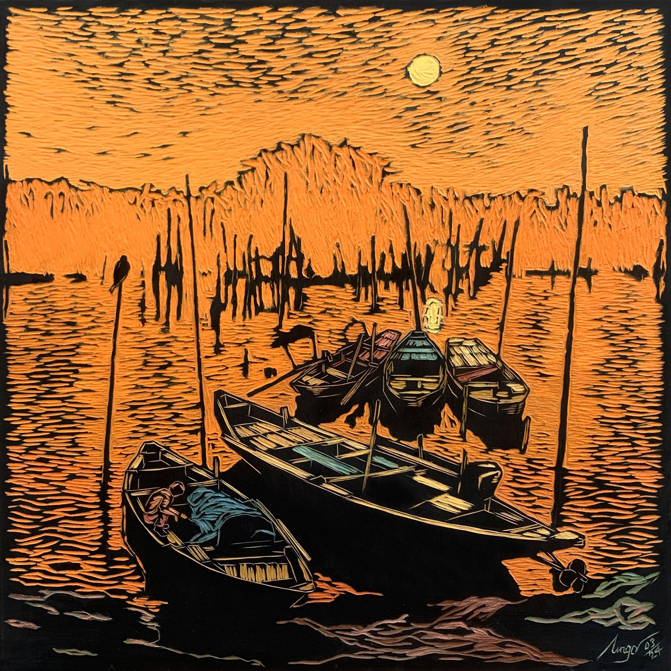 Muelle iluminado por la luna, Pintura, Óleo sobre panel de madera - Painting de TRAN NGA