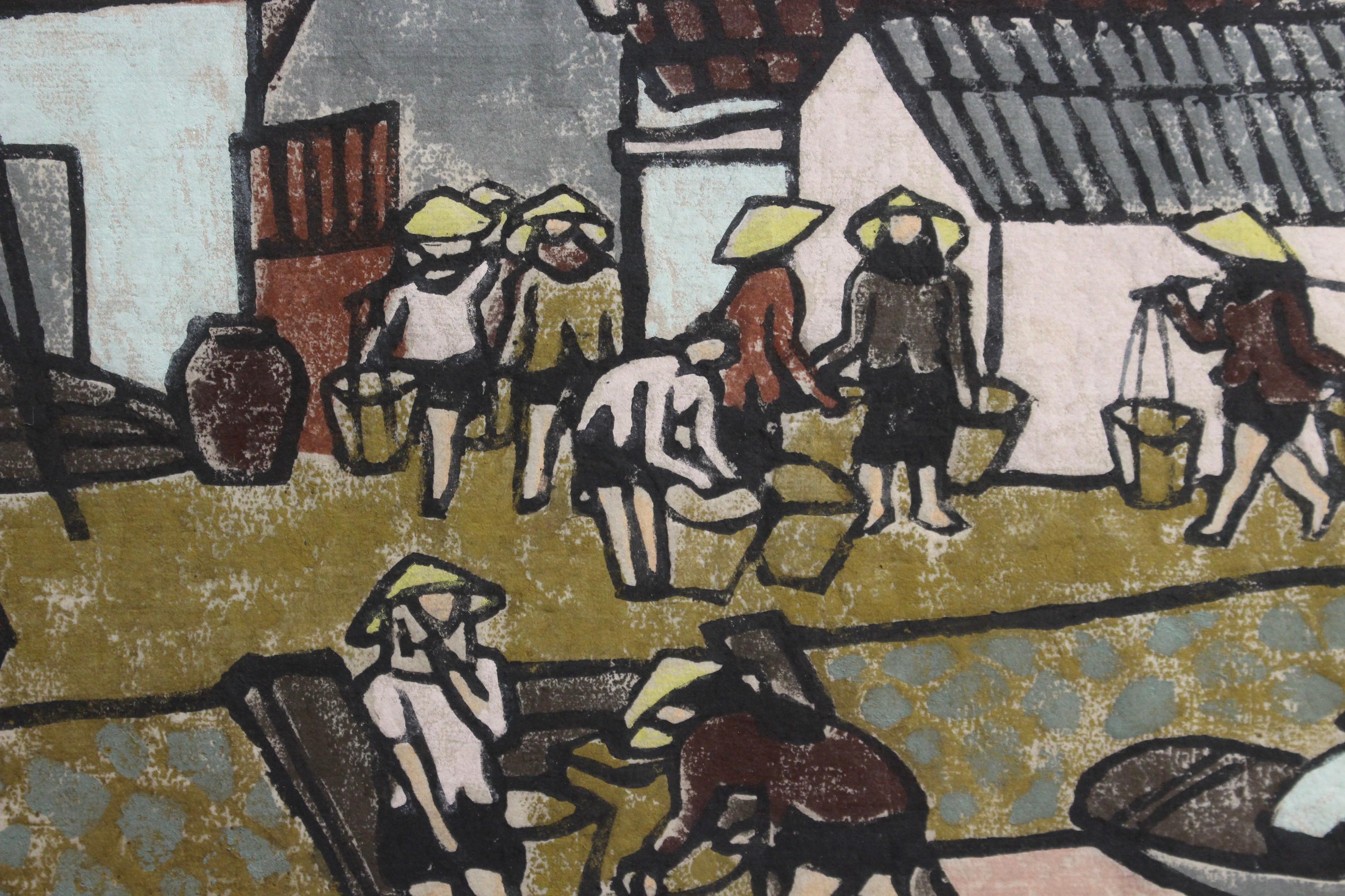 'Fishing Village Along the Mekong' Woodcut in Colour 4