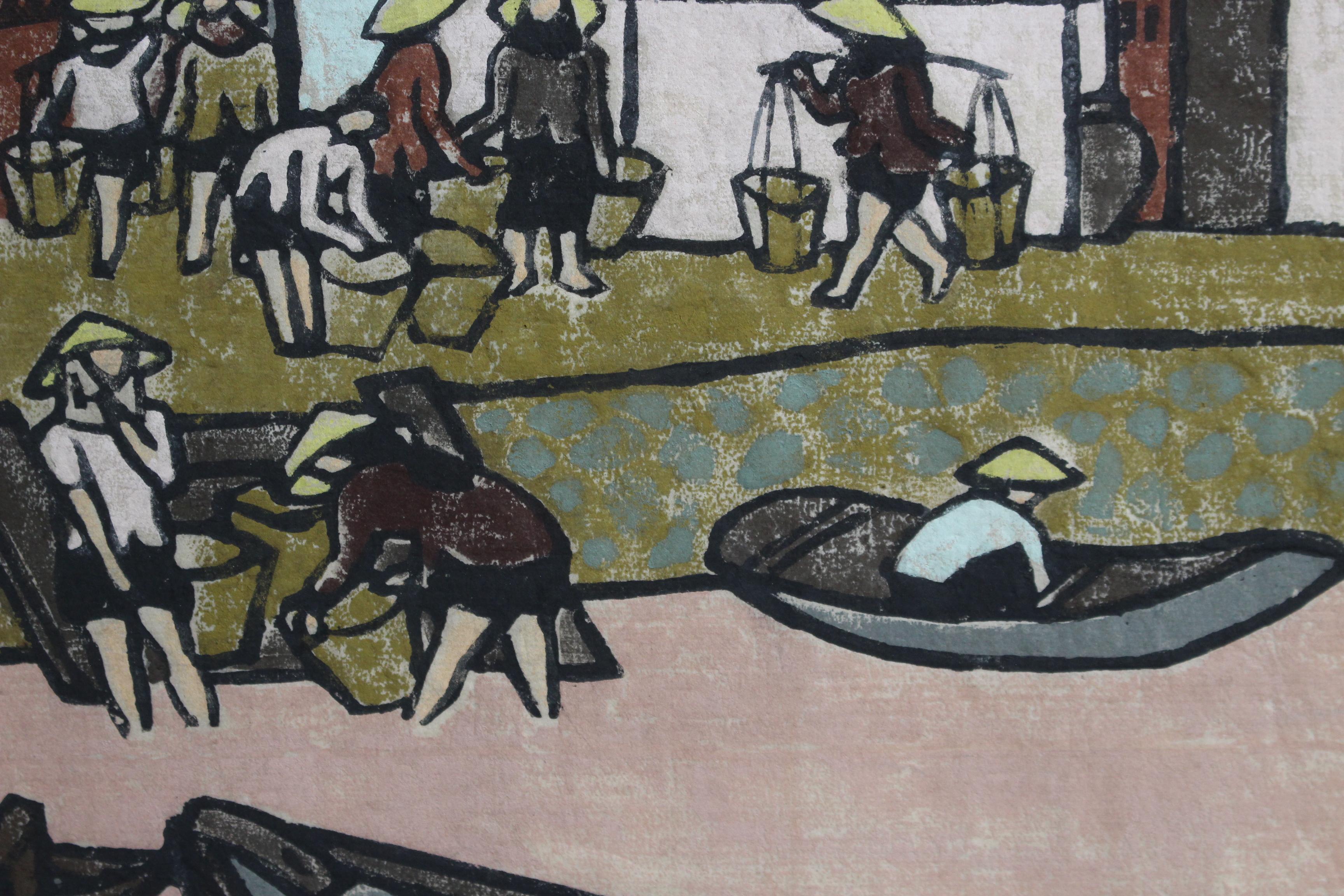 'Fishing Village Along the Mekong' Woodcut in Colour 5